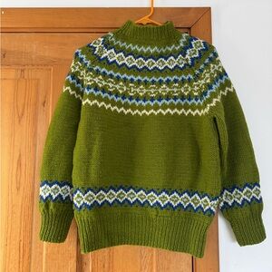 Vintage Handknit Chartreuse Green Fair Aisle Sweater 100% Wool